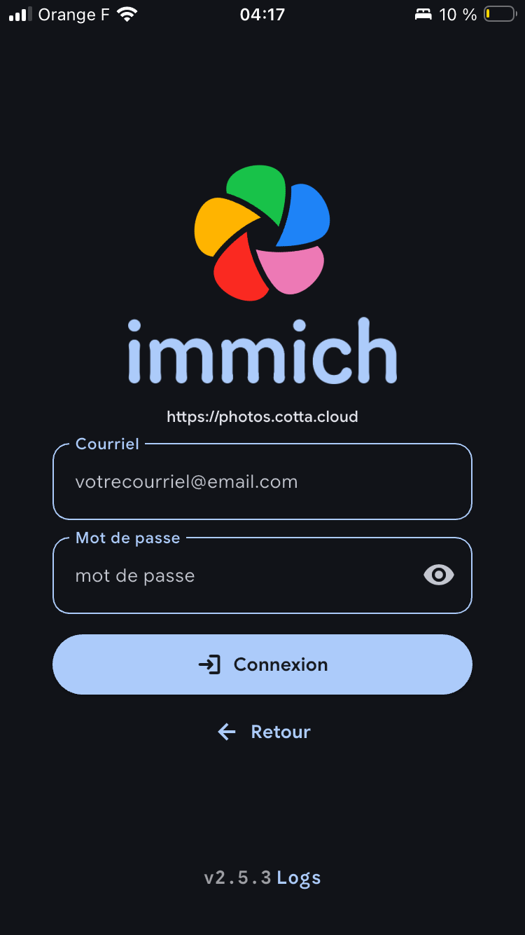 Connexion Immich